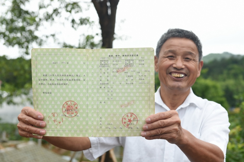 2017年6月13日，福建武平縣萬安鎮(zhèn)捷文村村民李桂林展示林權(quán)改革后領(lǐng)到的全國第一本新式林權(quán)證。