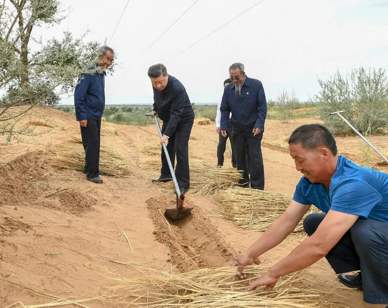 2019年8月21日，習(xí)近平來(lái)到甘肅省武威市古浪縣八步沙林場(chǎng)，實(shí)地察看當(dāng)?shù)刂紊吃炝帧⑸鷳B(tài)保護(hù)等情況。新華社記者 謝環(huán)馳 攝