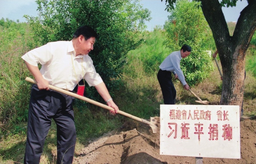 2001年10月，習(xí)近平在龍巖市長(zhǎng)汀縣調(diào)研水土流失治理工作，在河田世紀(jì)生態(tài)園為樹培土。圖源：《習(xí)近平在福建（下）》