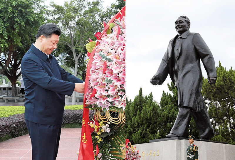 2020年10月14日，習(xí)近平總書記向深圳蓮花山公園鄧小平同志銅像敬獻(xiàn)花籃。